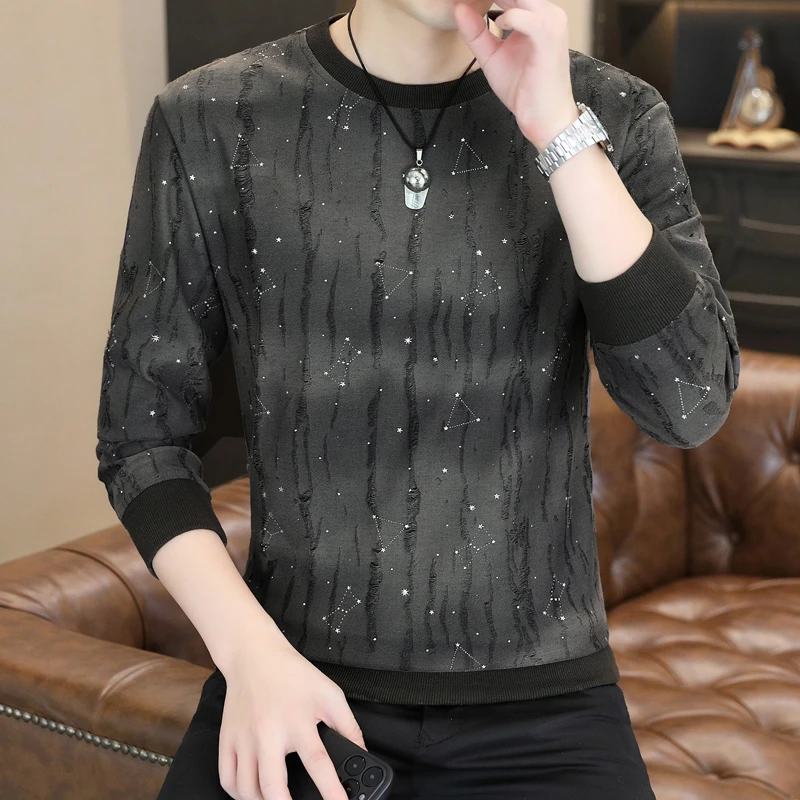 奥美普西比秋季新款卫衣男潮流满天星烫钻t恤圆领上衣男长袖T恤