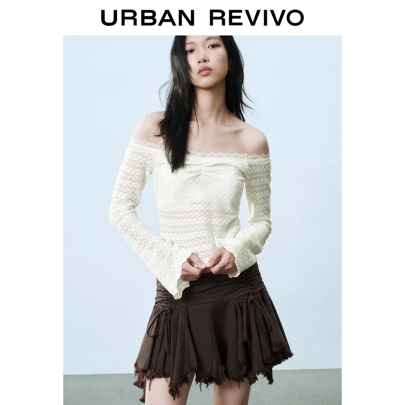 UR2025春季新款女装欧若风法式一字领肌理感蕾丝T恤UYL450026