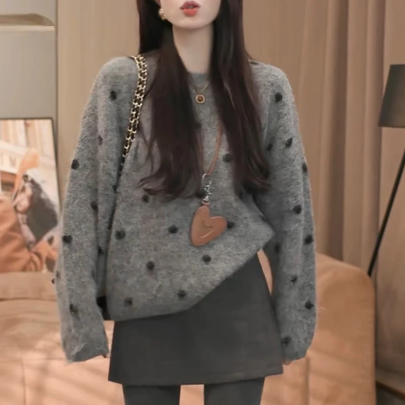 2025韩版休闲针织百搭波点宽松女慵懒风毛针织衫设计感潮流女士