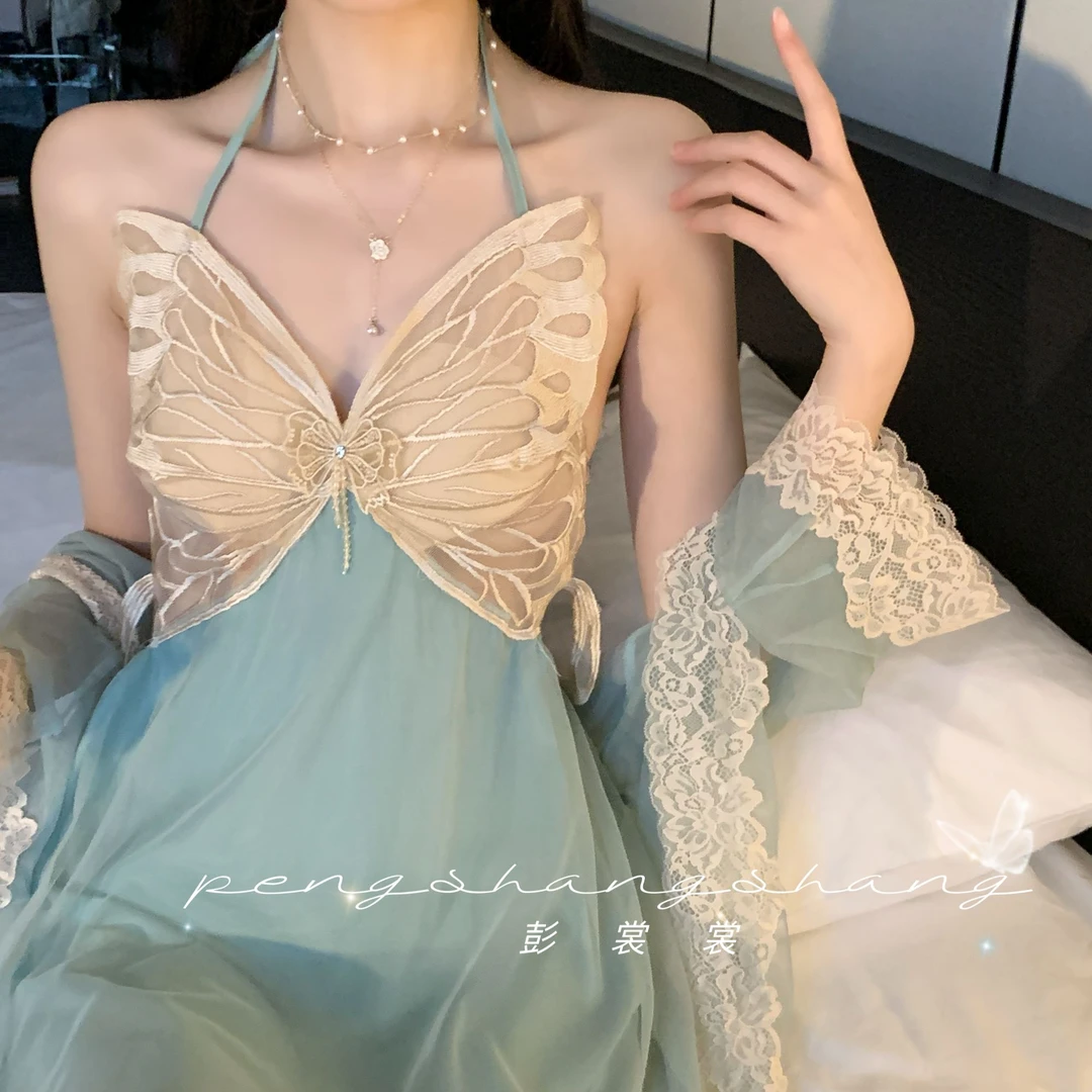 彭裳裳【绿意盎然】睡衣女套装蕾丝显瘦气质夏季少女性感气质睡裙