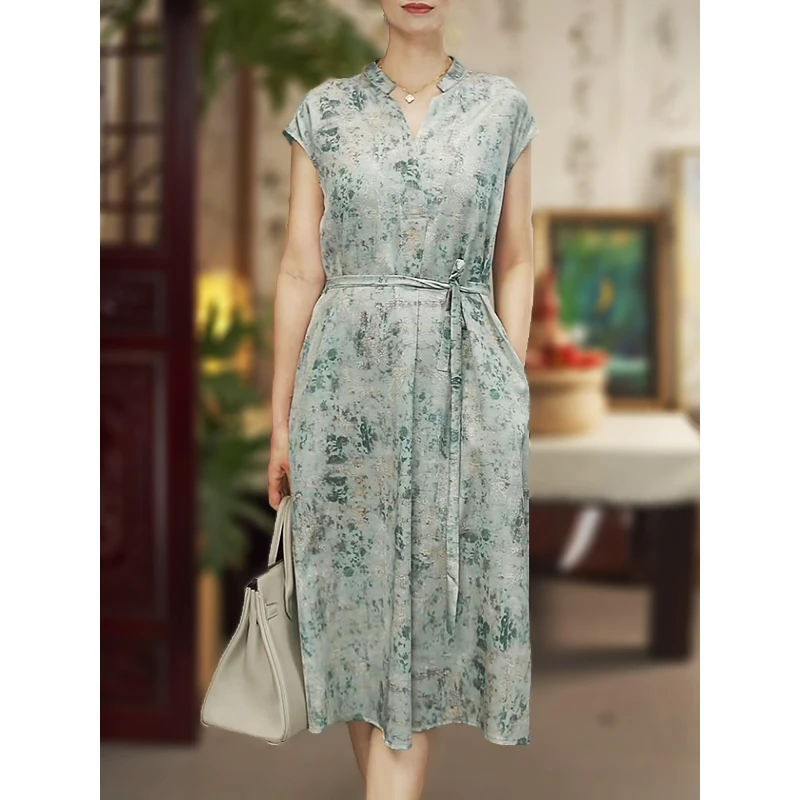 【花下长青】新款桑蚕丝连衣裙轻奢名媛夏时尚优雅宽松裙12589