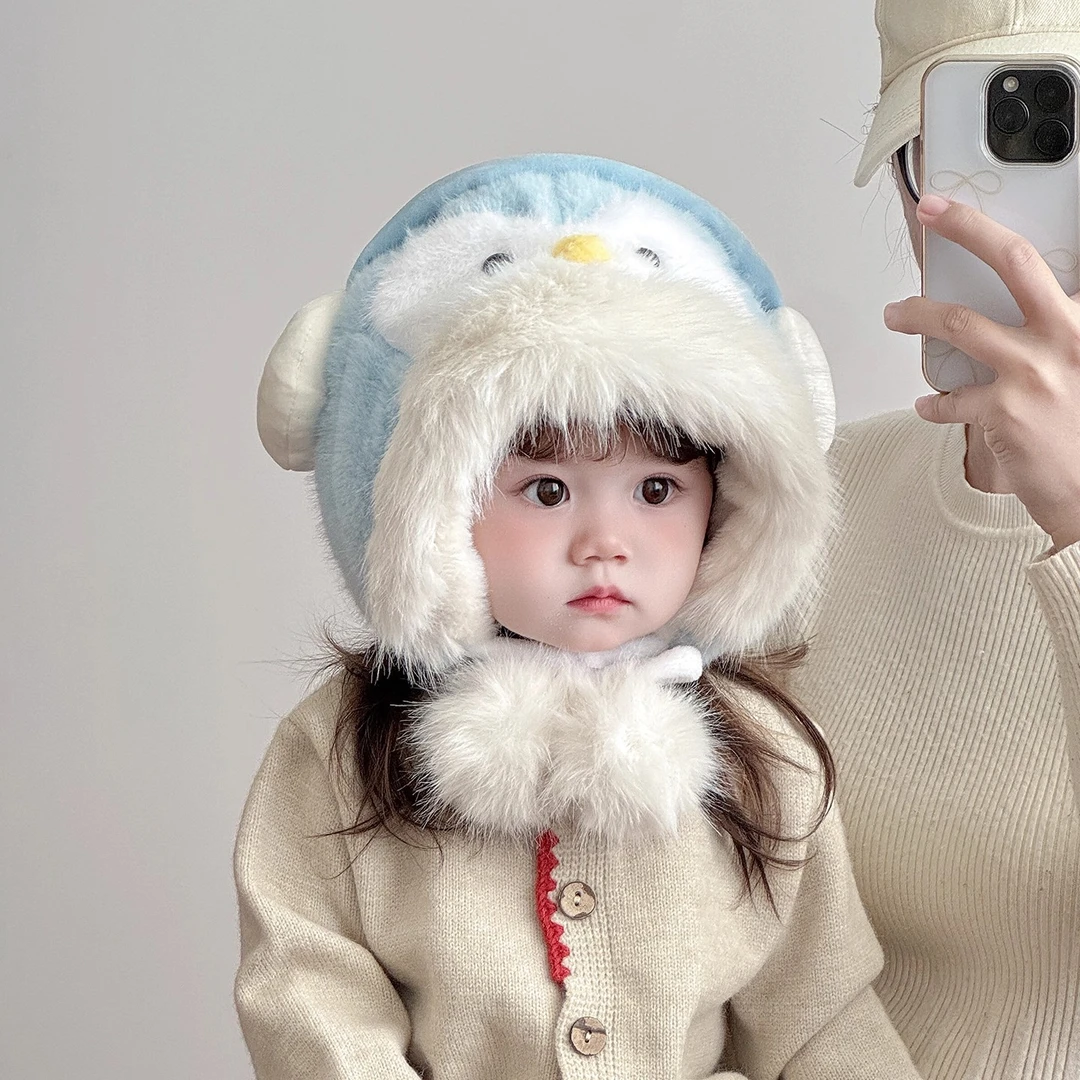 儿童帽子冬天毛绒帽可爱超萌企鹅加厚加绒保暖护耳帽宝宝防风帽潮