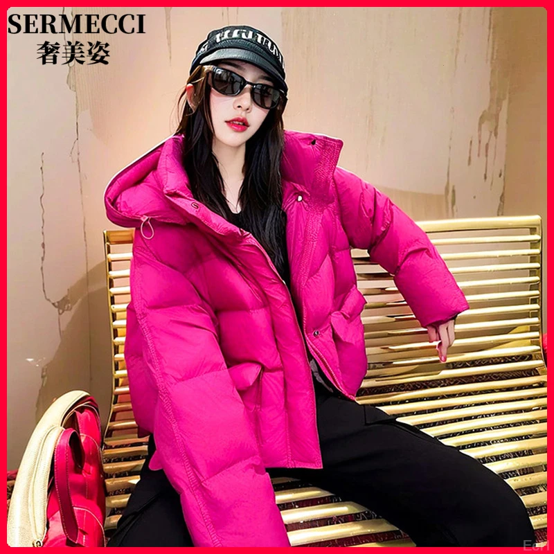 短款连帽羽绒服2025年冬季青春减龄玫红色蓬松保暖女高级感外套女
