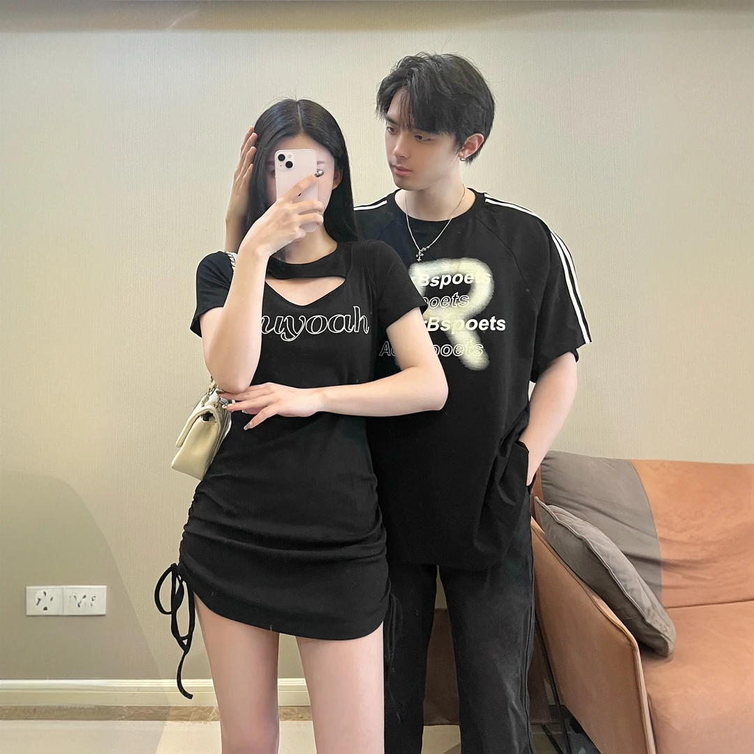 2025新款情侣装夏装短袖女裙子收腰显瘦小众设计感不一样的潮流