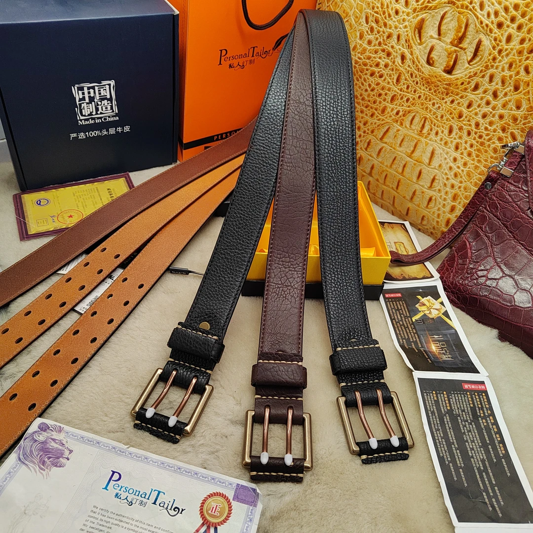 肥佬专用寸半野牛纹头层牛皮铜扣双针扣商务休闲礼盒装腰带皮带！
