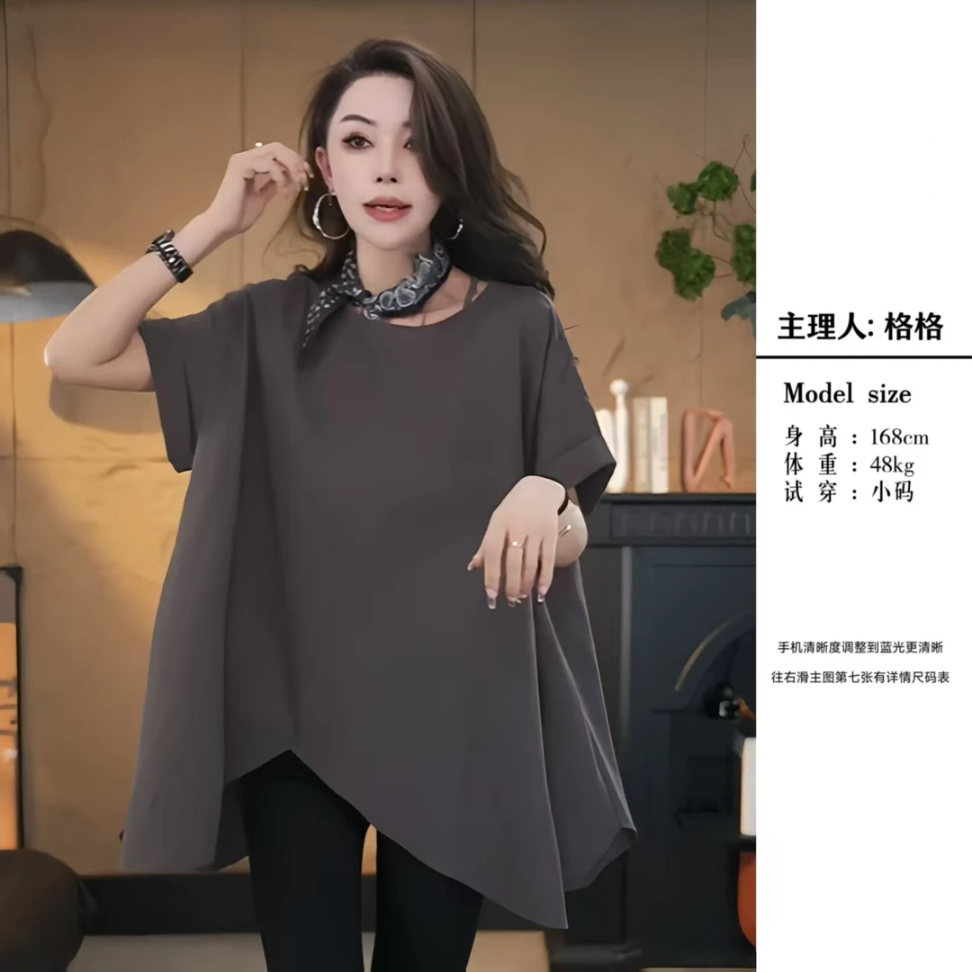 【格小姐】1519-20夏季新款欧版潮流时尚圆领后领扣短袖不规则衬衫