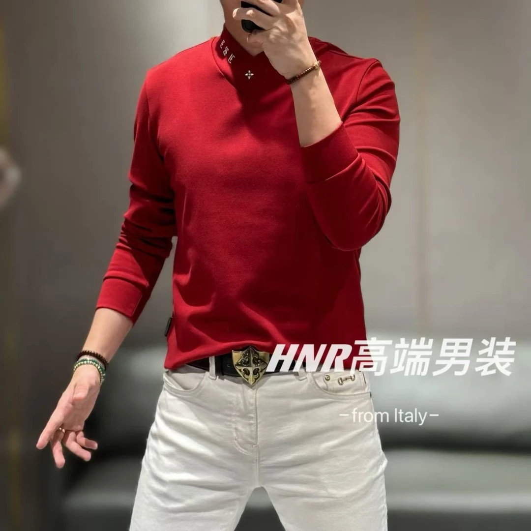 【乔治雷迪尼专卖】领口图案设计纯色男士打底加绒T恤5013