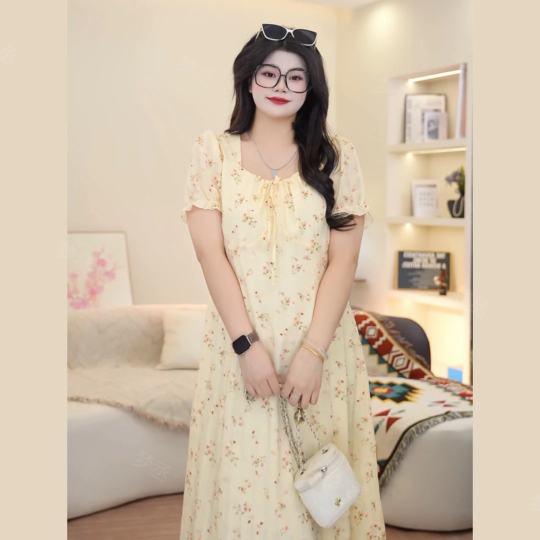 梦丞-新款大码女装夏季碎花收腰优雅洋气浪漫显瘦遮肉短袖连衣裙