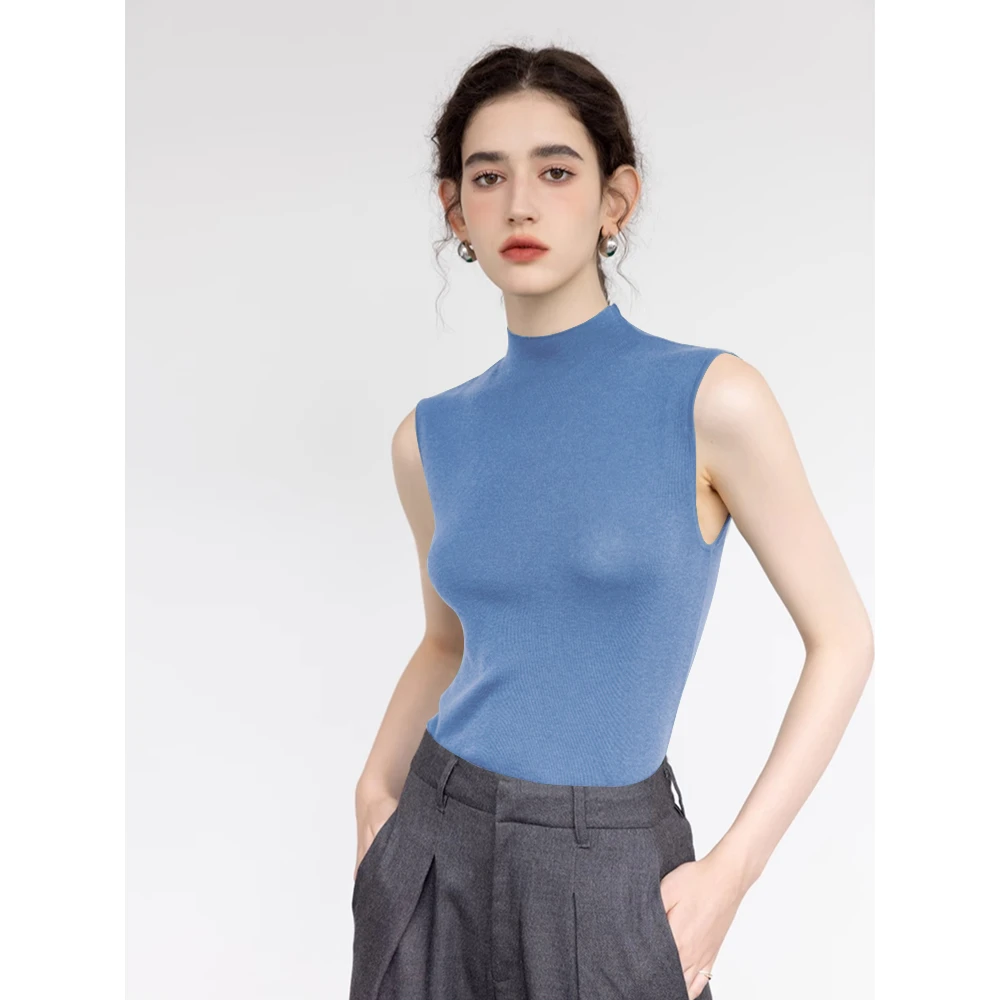 法式半高领无袖打底衫女春夏冰丝气质百搭打底针织衫外穿显瘦上衣