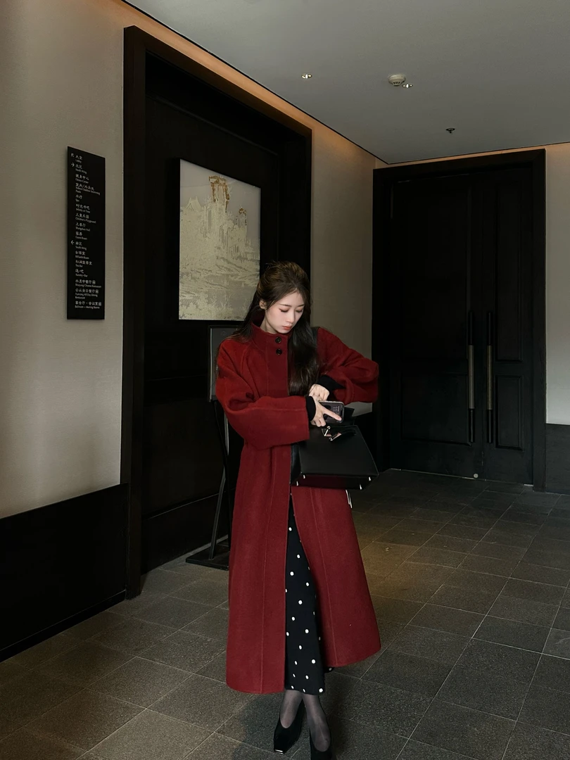 R123495W【100澳洲超细羊毛】冬季长款气质毛呢外套呢大衣秋冬