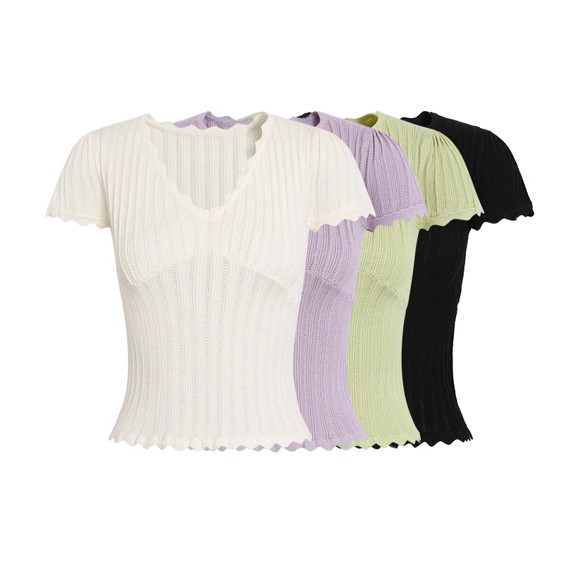 【Q】花边镂空花型上衣针织衫2025新款修身短袖T恤上衣M1186