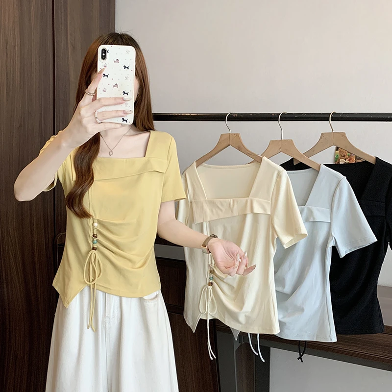 2025夏装新款胖mm大码女时尚百搭显瘦方领彩色纽扣蝴蝶结短袖T恤