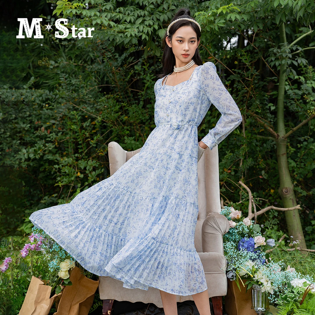 【小杨总专属】M-Star法式浪漫碎花方领蓝色连衣裙SFEL113662
