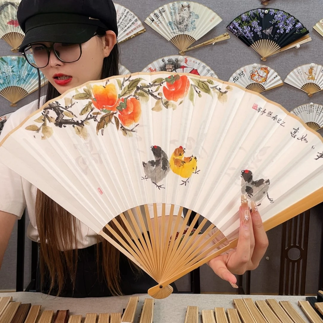 国画95寸玉竹-纯手绘-文玩扇骨（默认粘好）