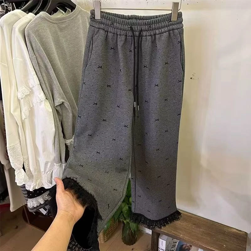 669383波点花边时尚洋气欧货时髦裤子女2025春秋新款宽松拖地裤