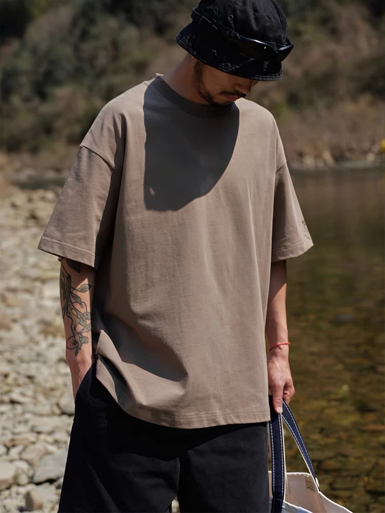 Quentin Marx日系重磅男士纯棉半袖T恤宽松圆领百搭做旧水洗tee夏