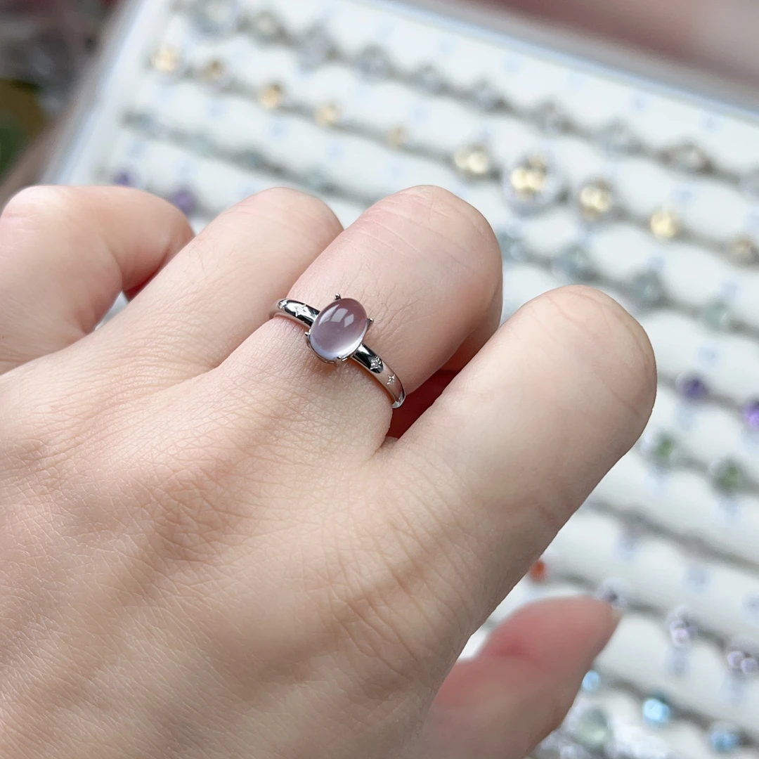 925银镶嵌天然萤石蛋面小众戒指简约时尚气质女款开口戒爆款戒指
