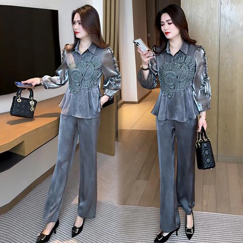 时尚套装女2025春季新款时髦洋气刺绣上衣阔腿裤气质优雅两件套潮