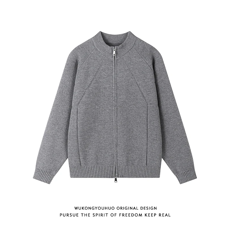 悟空有货美式复古老钱风双拉链开衫毛衣男秋季情侣宽松针织衫外套