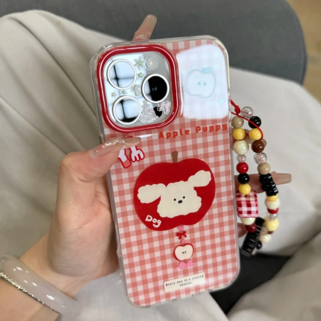 红格纹苹果小狗适用于苹果13/15/16promax女壳VIVO华为OPPO小米15