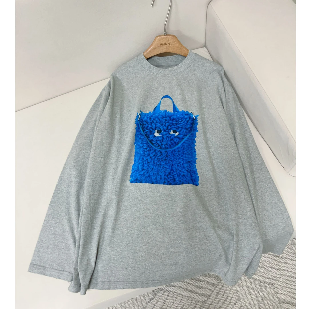 【影子】包包长袖卡通时尚百搭宽松印花大版中长款休闲T恤灰色韩版