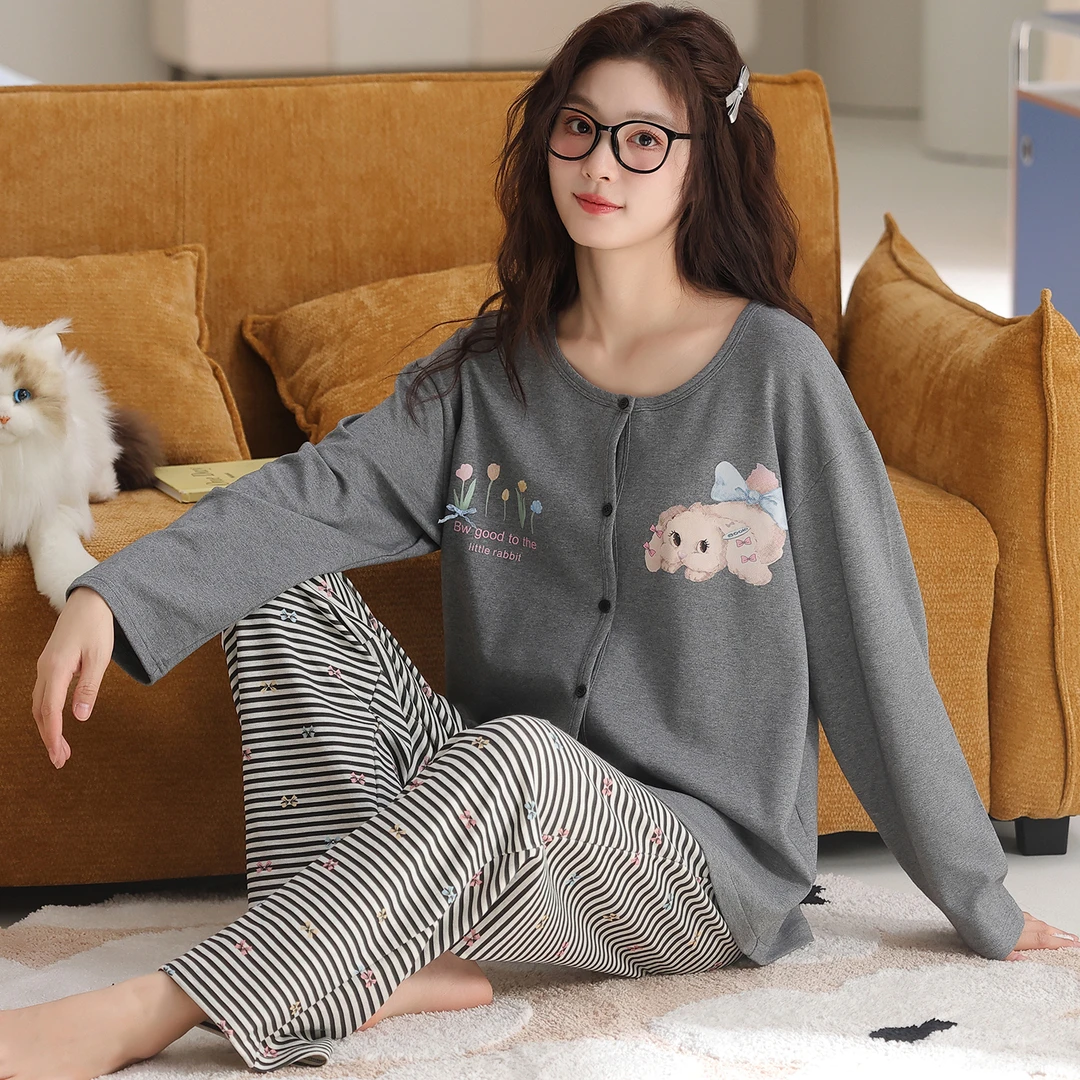 卡之恋睡衣女春秋季新款圆领开衫长袖纯棉灰色条纹可外穿家居服