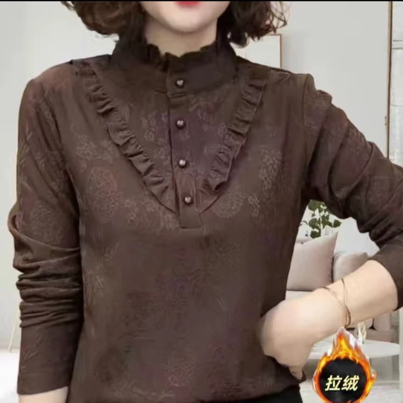 2024新款纯色长袖时尚气质半高领百搭加厚秋冬女士 花边领上衣