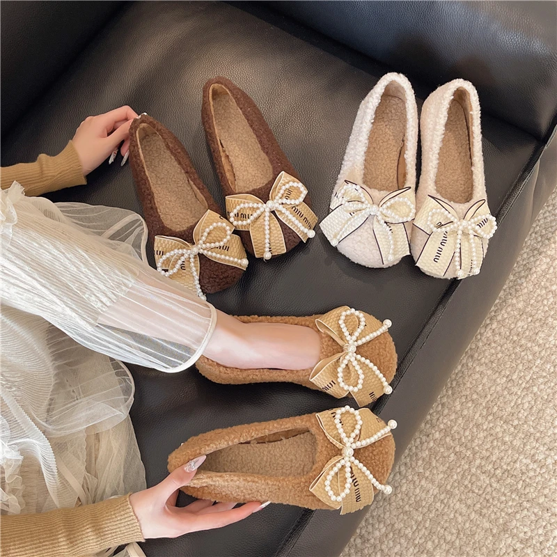 甜美蝴蝶结大码鞋女35-43码秋冬加绒保暖厚毛毛鞋舒适百搭豆豆鞋