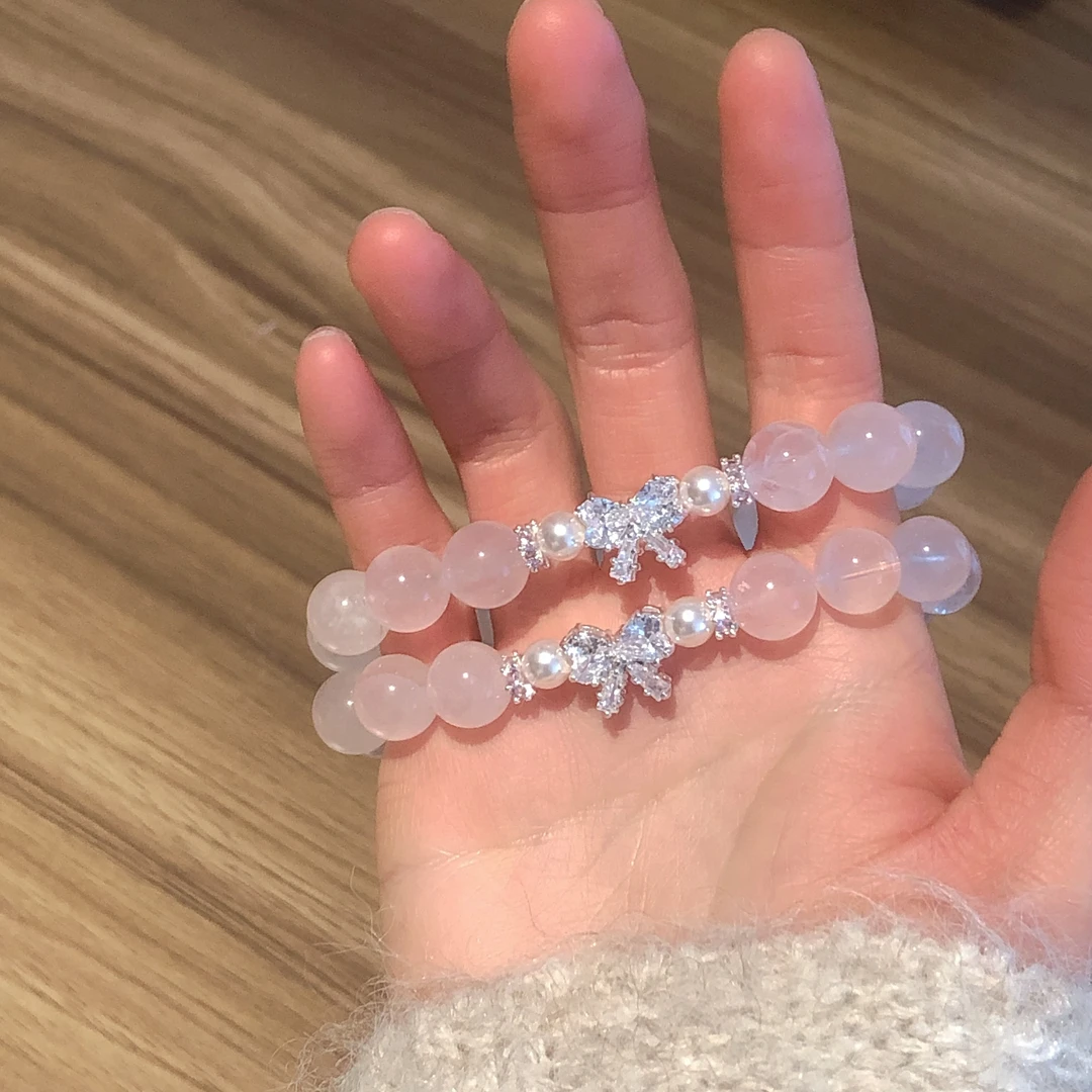 SG1733-［闪粉蝴蝶结］粉水晶施华洛合金锆石手链均有瑕多样发