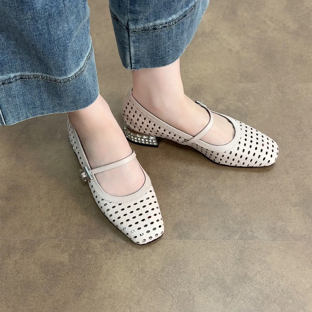 4cm/ED2205牛皮浅口一字带粗跟单鞋女夏季镂空透气中跟玛丽珍鞋