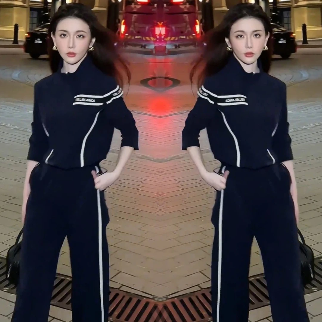 欧货休闲运动服套装女2025春秋新款时尚宽松显瘦立领上衣两件套潮