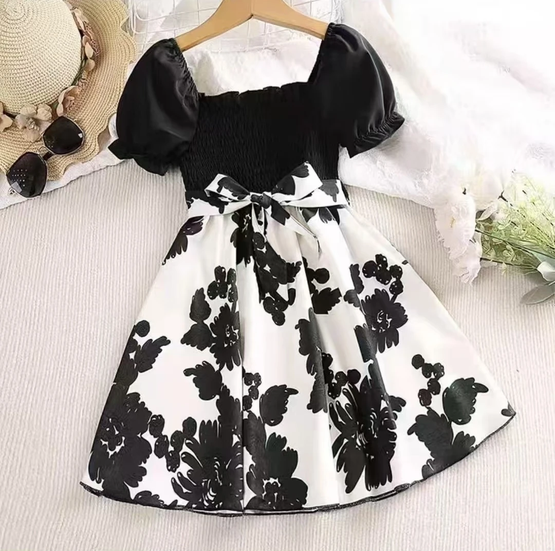 夏季A字裙爆款女花朵短袖碎花连衣裙泡泡袖礼服洋气童装公主裙