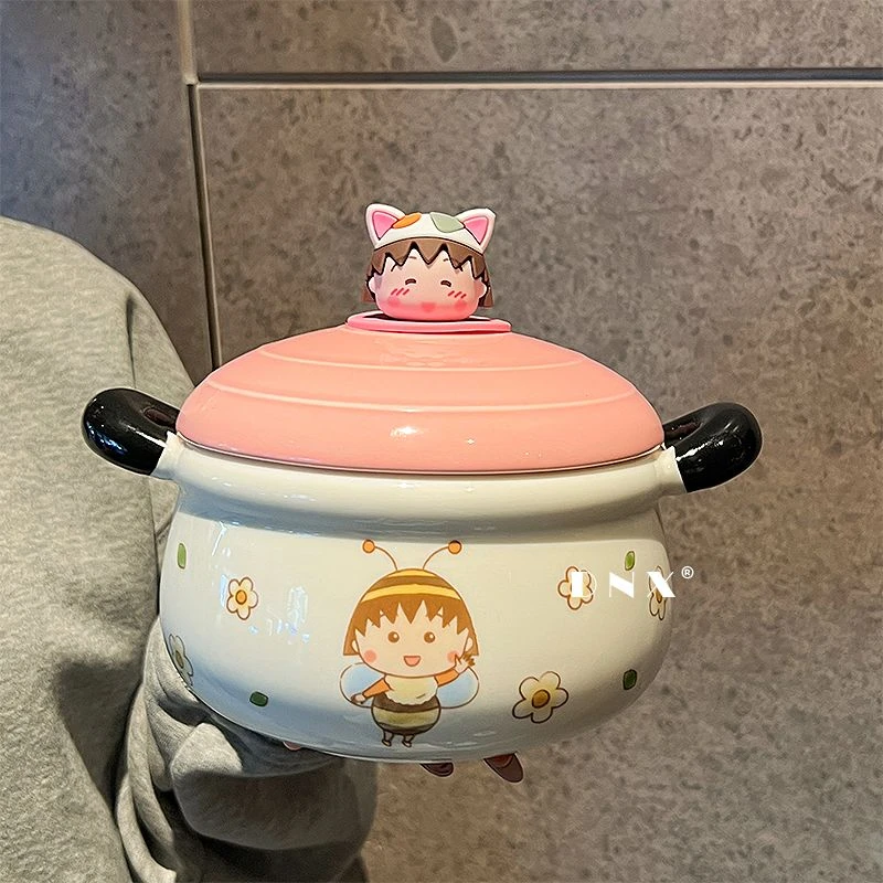 樱桃小丸子泡面碗可爱家用陶瓷碗女生大容量汤饭碗双耳带盖学生碗