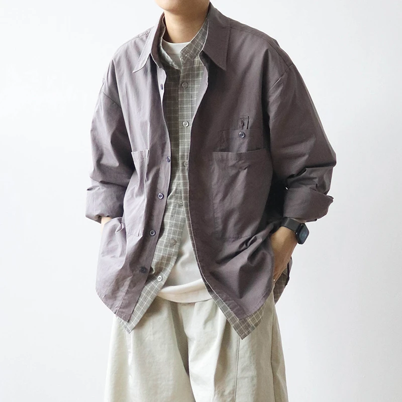 春秋季日系复古文艺格纹拼接假两件衬衫男宽松休闲松弛感长袖衬衣