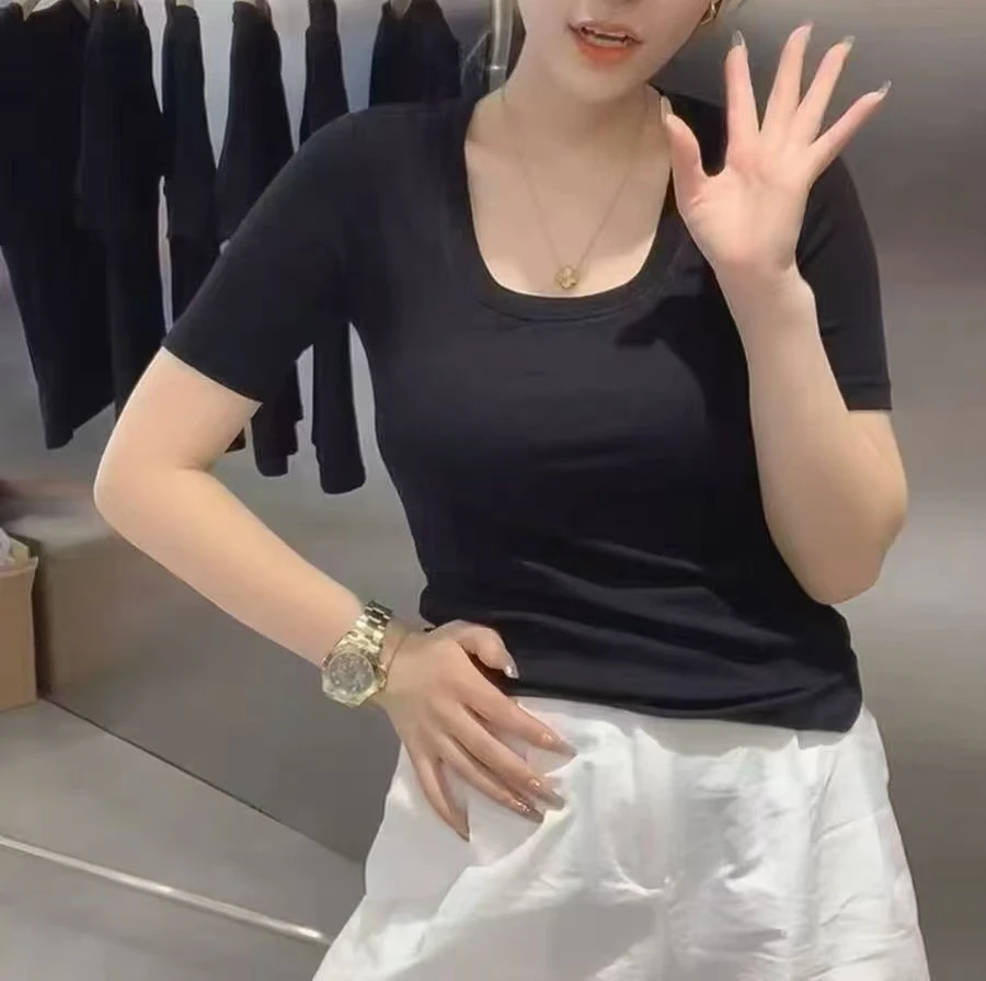 抗皱拼接纯色修身型T恤螺旋纹t恤百搭洋气不规则半袖女士显瘦