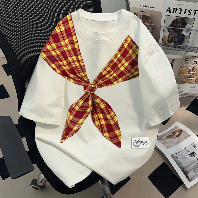 jtrt美式复古格子披肩圆领短袖T恤男女夏季设计宽松百搭简约上衣