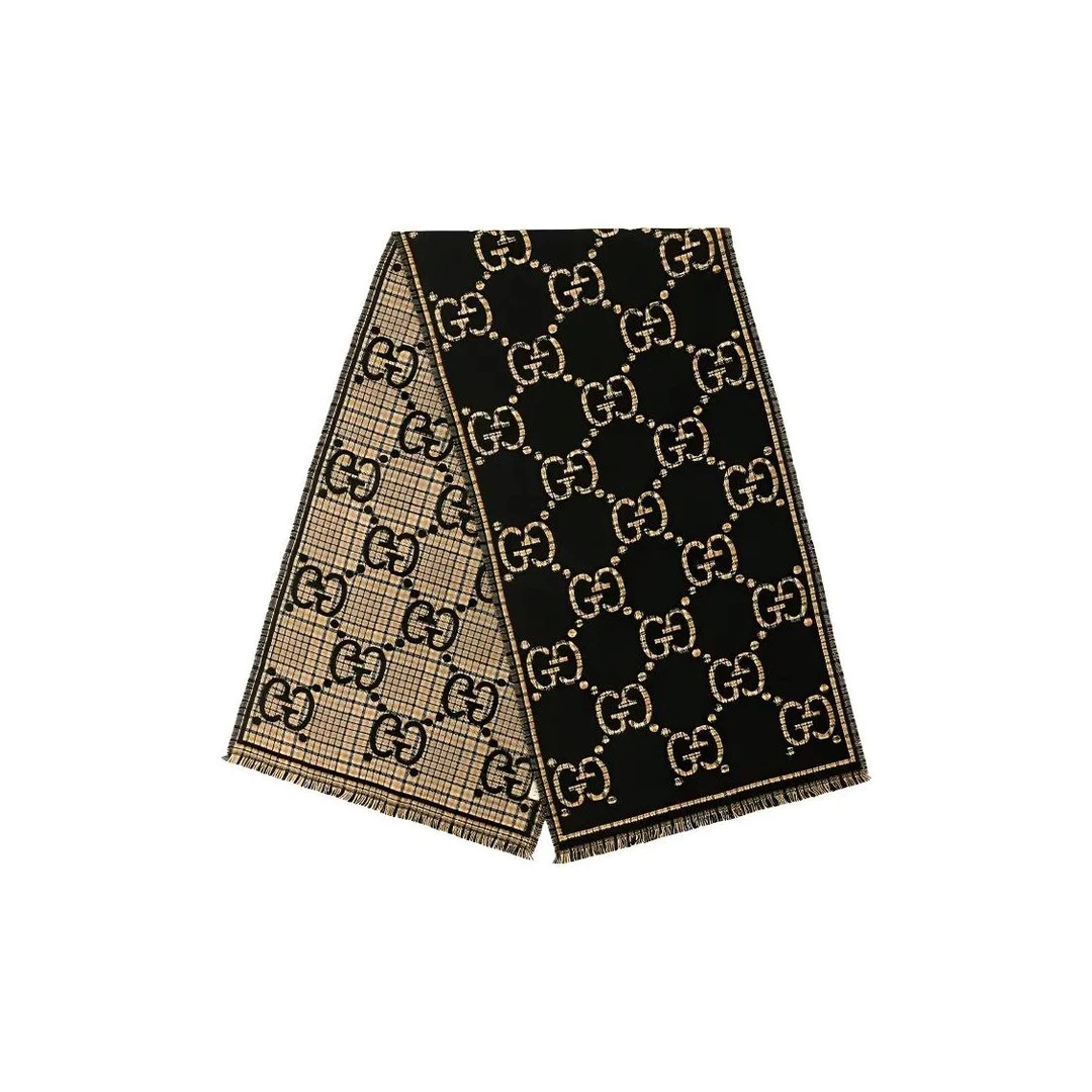 GUCCI古驰经典双G格纹羊毛绒线围巾 黑色/米色660025-4G386-1079