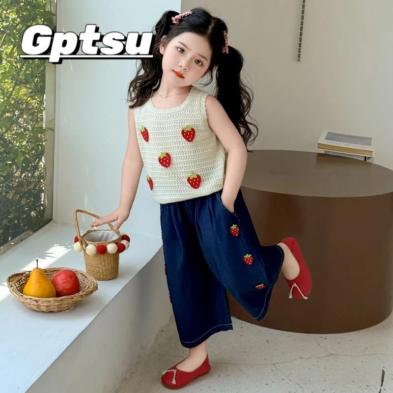 GPTSu女童夏套装2025新款夏季薄款牛仔套装女宝草莓针织背心套装