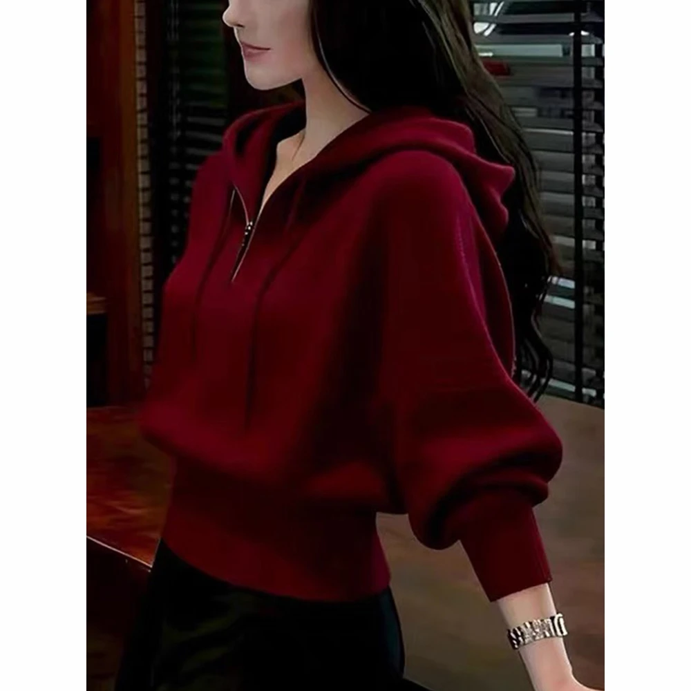 红色连帽毛衣女士秋冬新款慵懒风洋气收腰显瘦内搭打底针织衫上衣