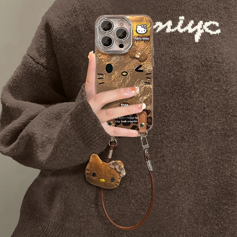 网红同款适用苹果16promax手机壳iphone13豹纹kt猫结挂绳15复