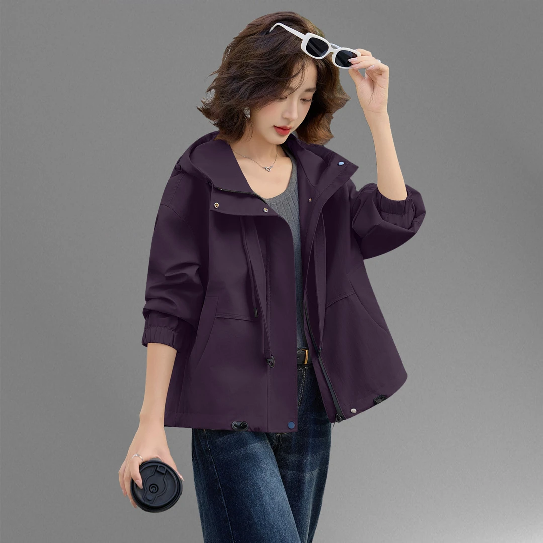 大码连帽风衣外套女短款2025春秋新款时尚减龄高级感休闲夹克上衣