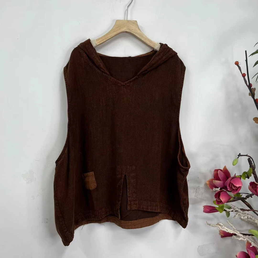花璟原创设计~炒色做旧连帽无袖前贴袋开叉背心（胸围130 衣长60）