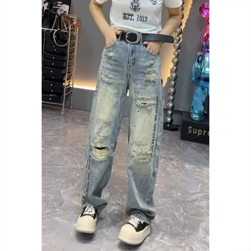 艾塔莉破洞牛仔裤子女秋冬新款胖mm梨形身材直筒裤大码显瘦阔腿
