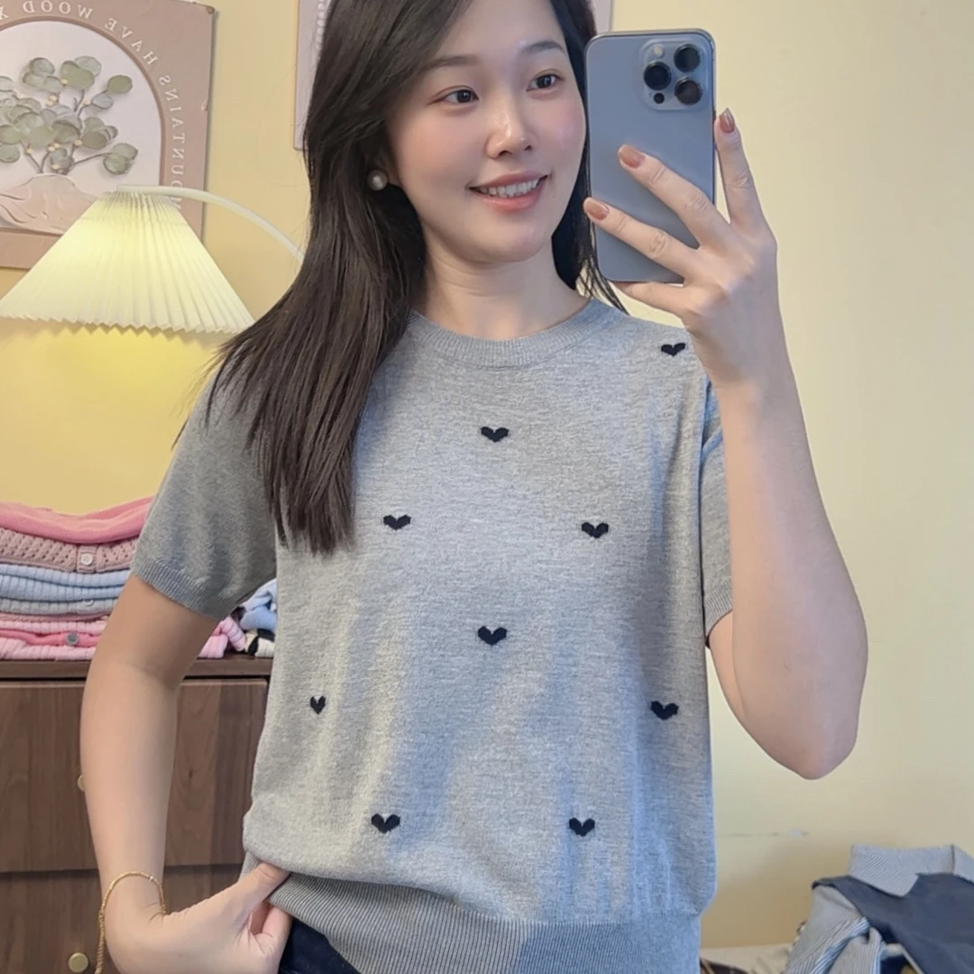 立体爱心~圆领上衣套头针织夏季爆款透气冰凉时尚百搭显瘦X0004灰