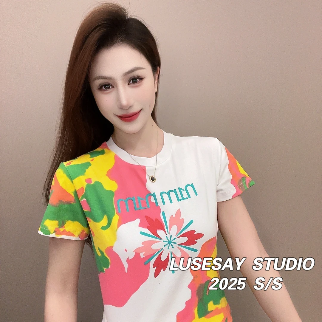 LUSESAY 设计感欧货花花 2025新款 短袖t恤女百搭休闲圆领上衣