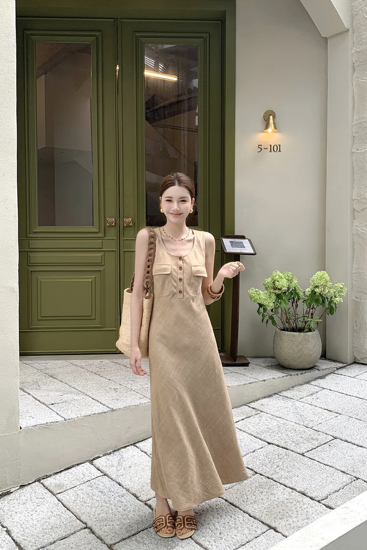 YUJIAHAN-草木素时·春夏侘寂风圆领无袖背心裙亚麻连衣裙女