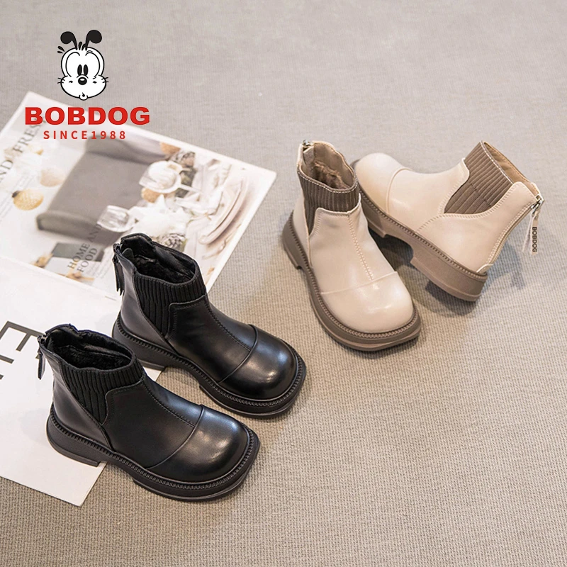 巴布豆女童靴子2025秋冬新款加绒马丁靴儿童洋气公主鞋中大童短靴