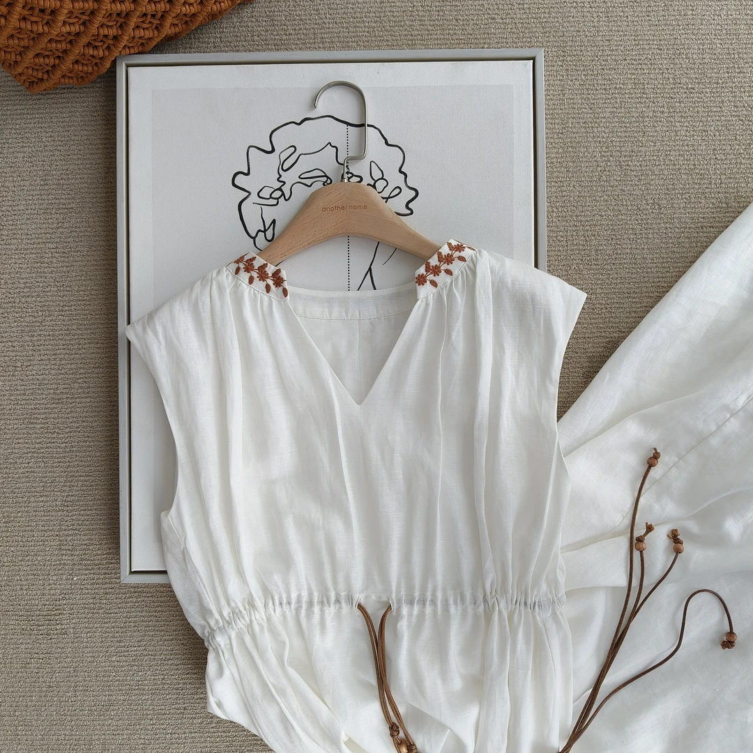 【商场同款】anotherhome2025夏季度假风收腰无袖白色亚麻气质长裙