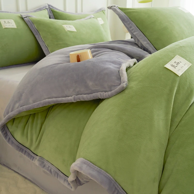 清仓！牛油果绿-高克重全消光牛奶绒四件套加绒被套床单保暖床