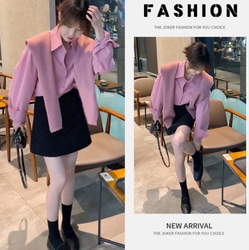 春季穿搭一整套女2025新款韩系粉色衬衣配显瘦短裙气质穿搭两件套